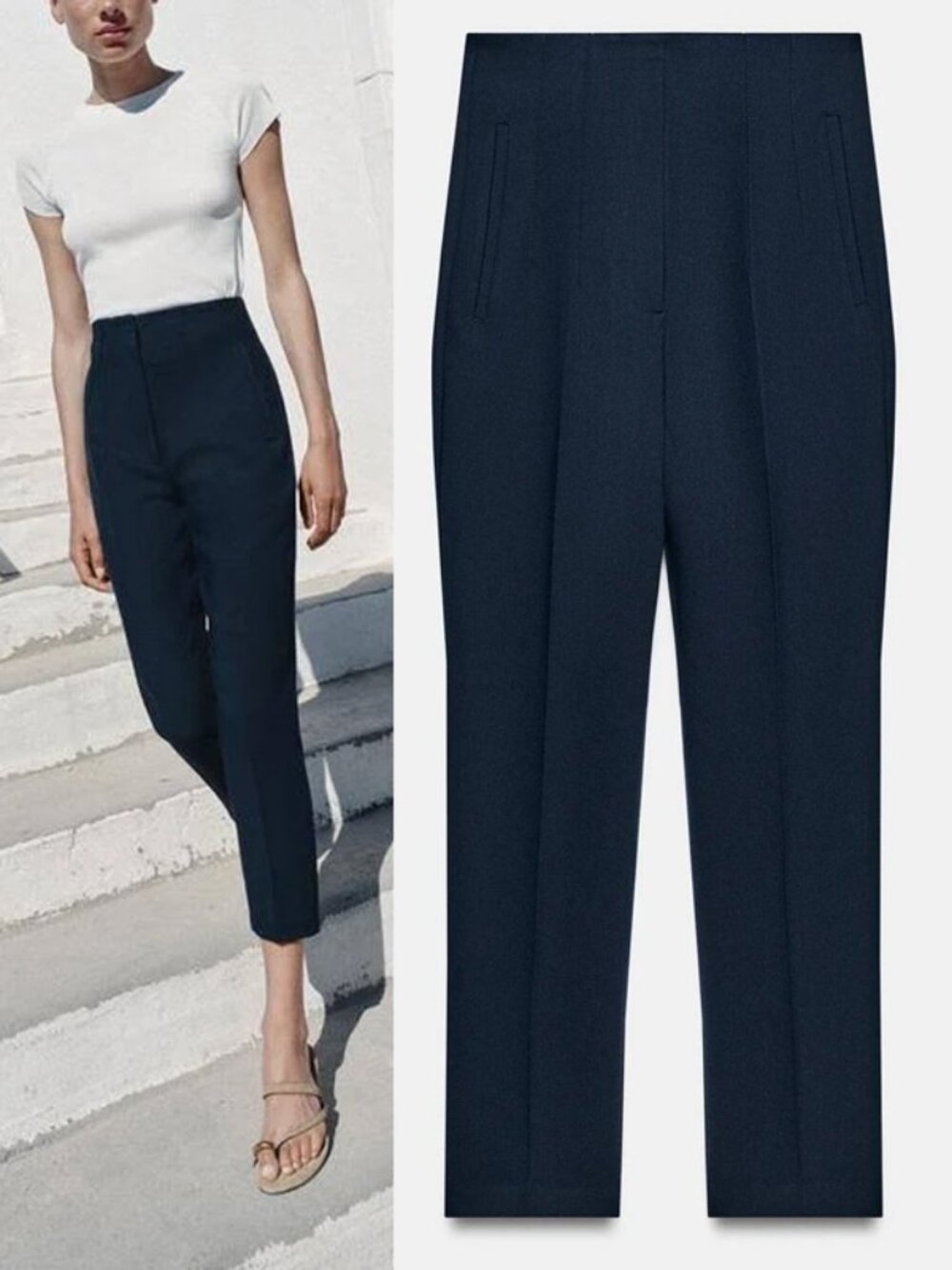 Zara High Waisted Trouser Pant L Navy Blue Minimalist Preppy Classic 1608/032